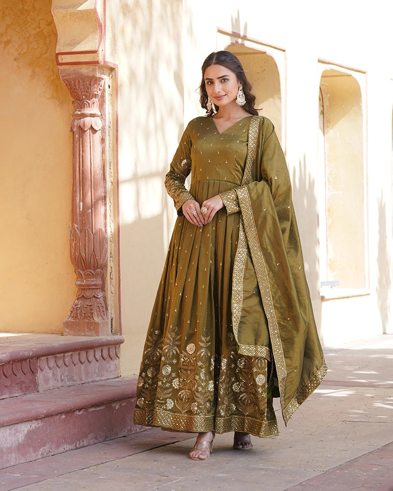 Designer Mehndi Color embroidered Viscose Cosmos Gown With Dupatta