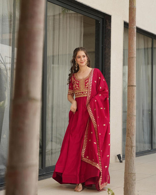 Rani Pink Color Vichitra Silk Embroidered Gown