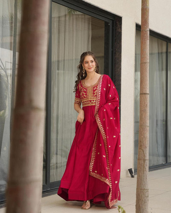 Rani Pink Color Vichitra Silk Embroidered Gown