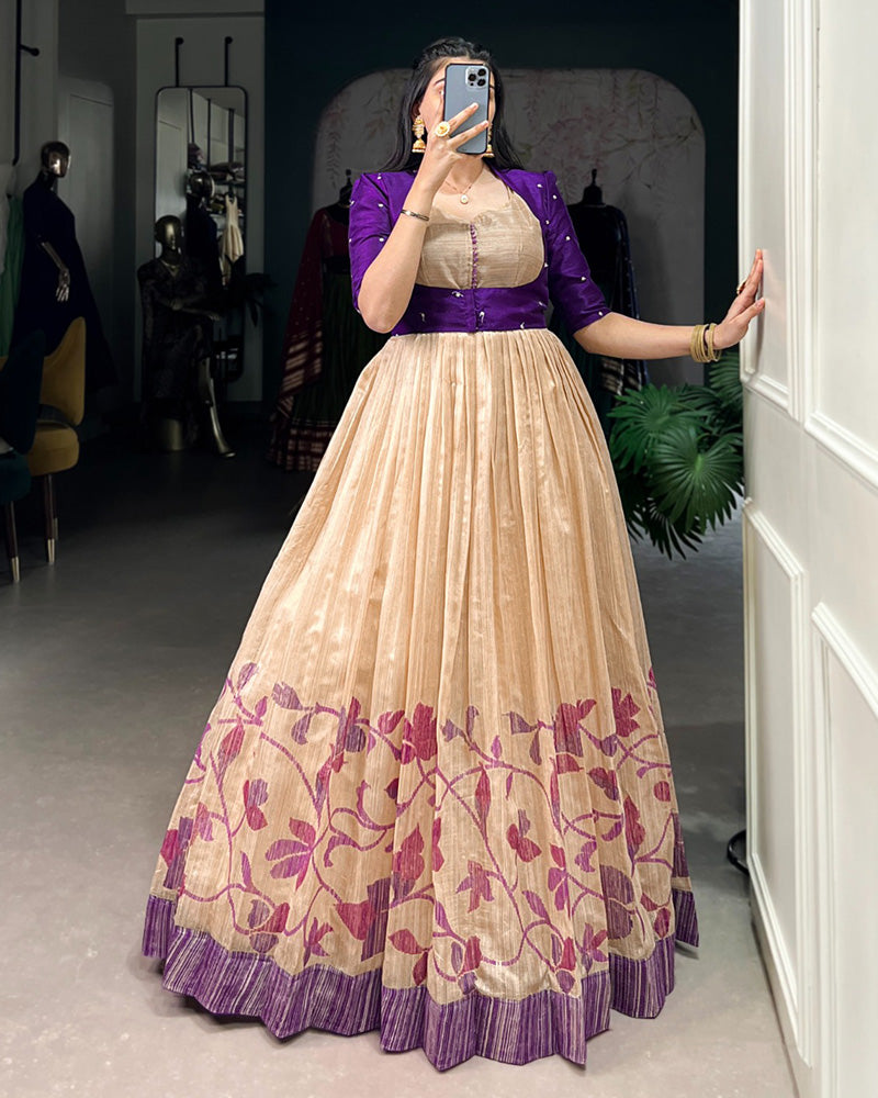 Purple Color Green Silk Printed Gown With koti