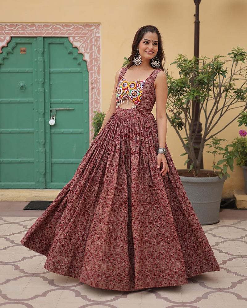 Maroon Color Cotton Printed Navratri Gown