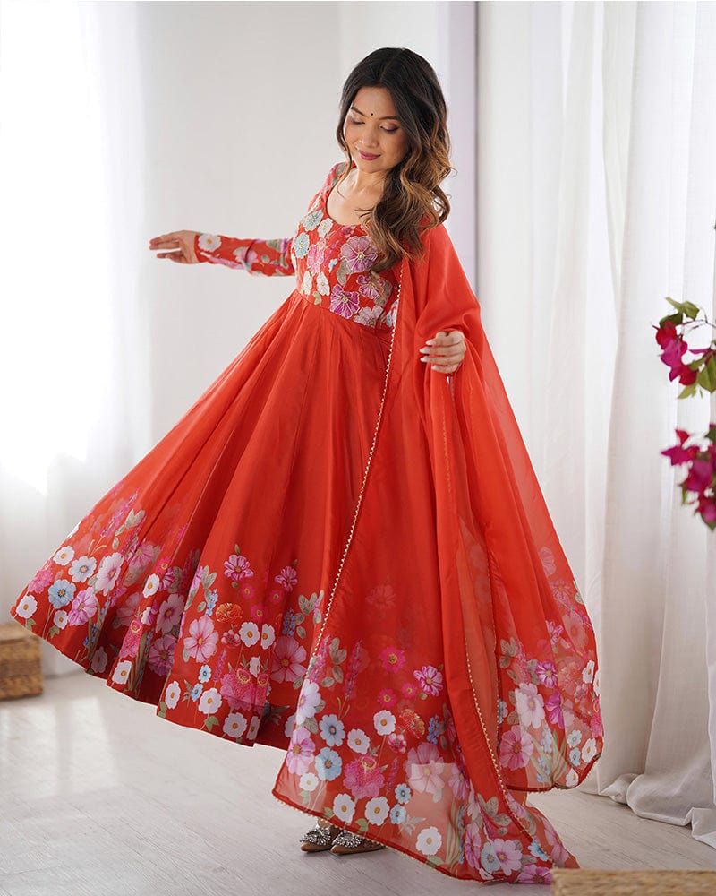 Rust Color Floral Print Organza Three Piece Anarkali Suit