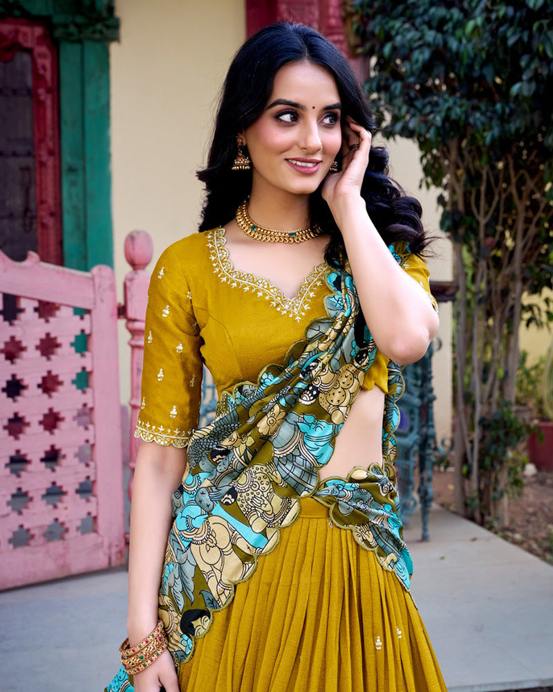 Mustard Color Vichitra Silk Embroidered Lehenga Choli