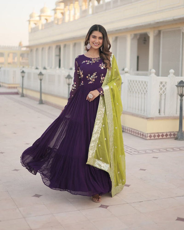 Wine Color Three layer Georgette Gown With Russian Silk Dupatta