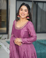 Onion Color Chinon Silk  Sequins Embroidered Gown