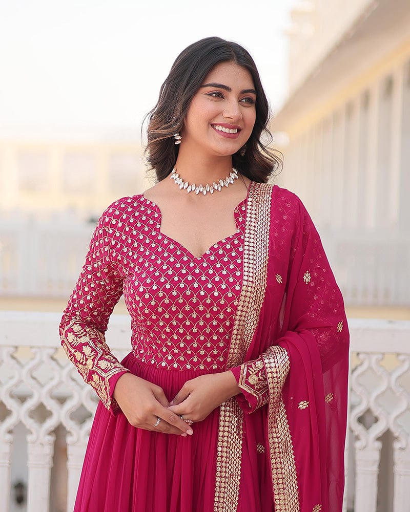 Rani Pink Color Faux Blooming Gown With Sequins Embroidered Dupatta