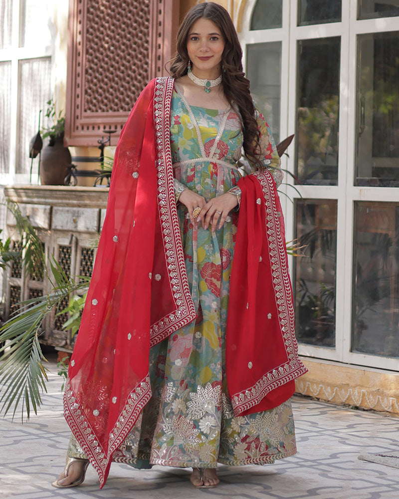 Lime Green Color Alia Cut Embroidered Gown With Dupatta