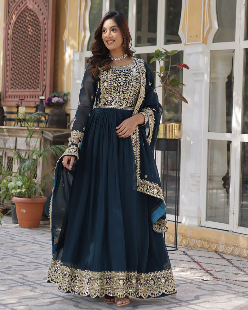 Rama Color Faux Blooming Embroidered Gown