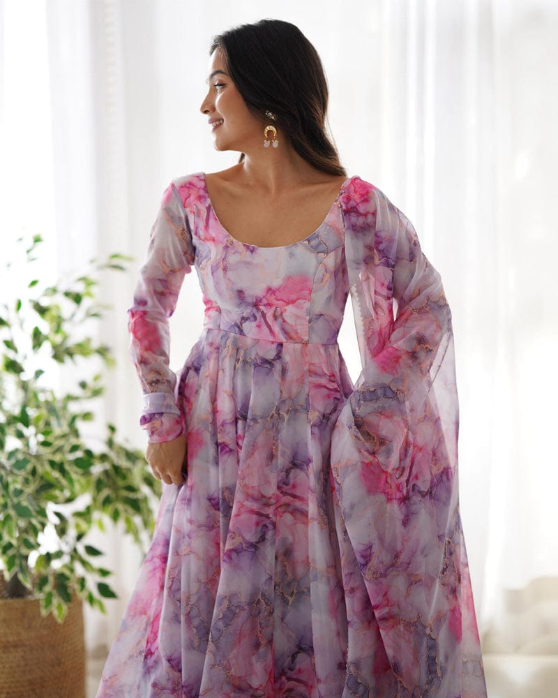 Printed Pink And White Kali Pattern Organza Silk Three-Piece Anarkali Suit