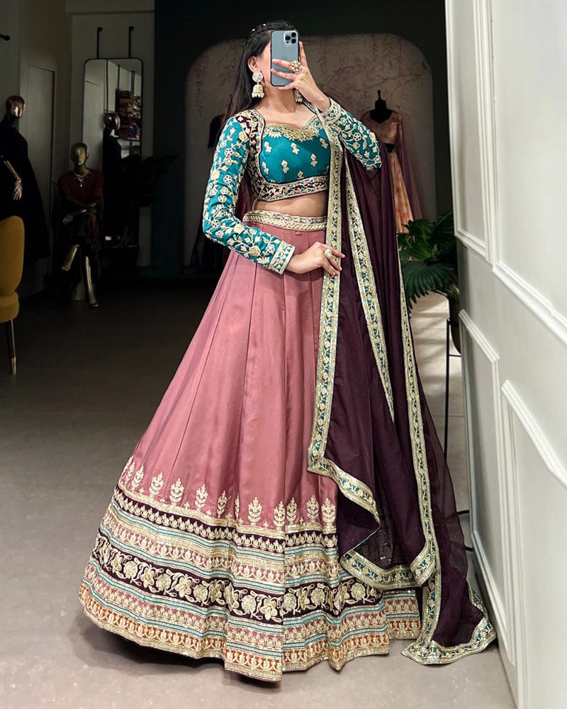 Peach Color Moonga Silk Embroidered Lehenga Choli