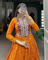 Mustard Color Rayon Bandhej Print Navratri Lehenga Choli