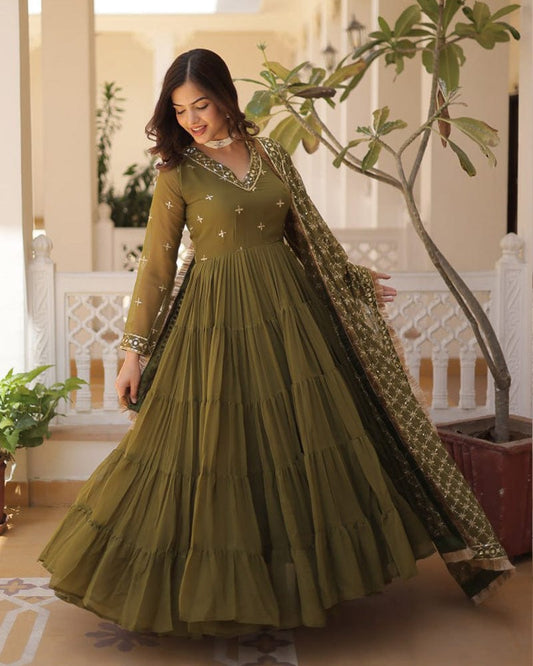 Mehndi Color Faux Georgette Designer Anarkali Gown With Dupatta