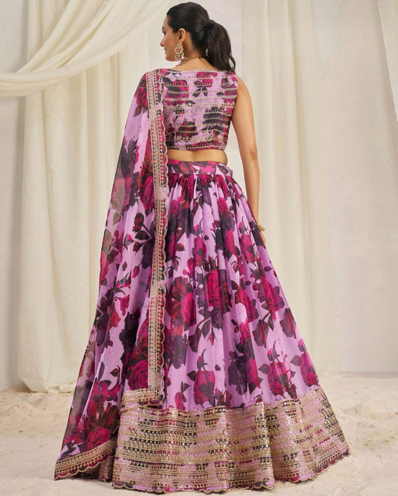 Purple And Pink Color Floral Printed Organza Lehenga Choli