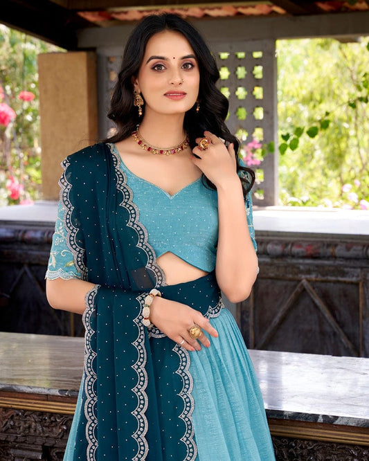 Sky Blue Color Silver Glossy Embroidered Lehenga Choli