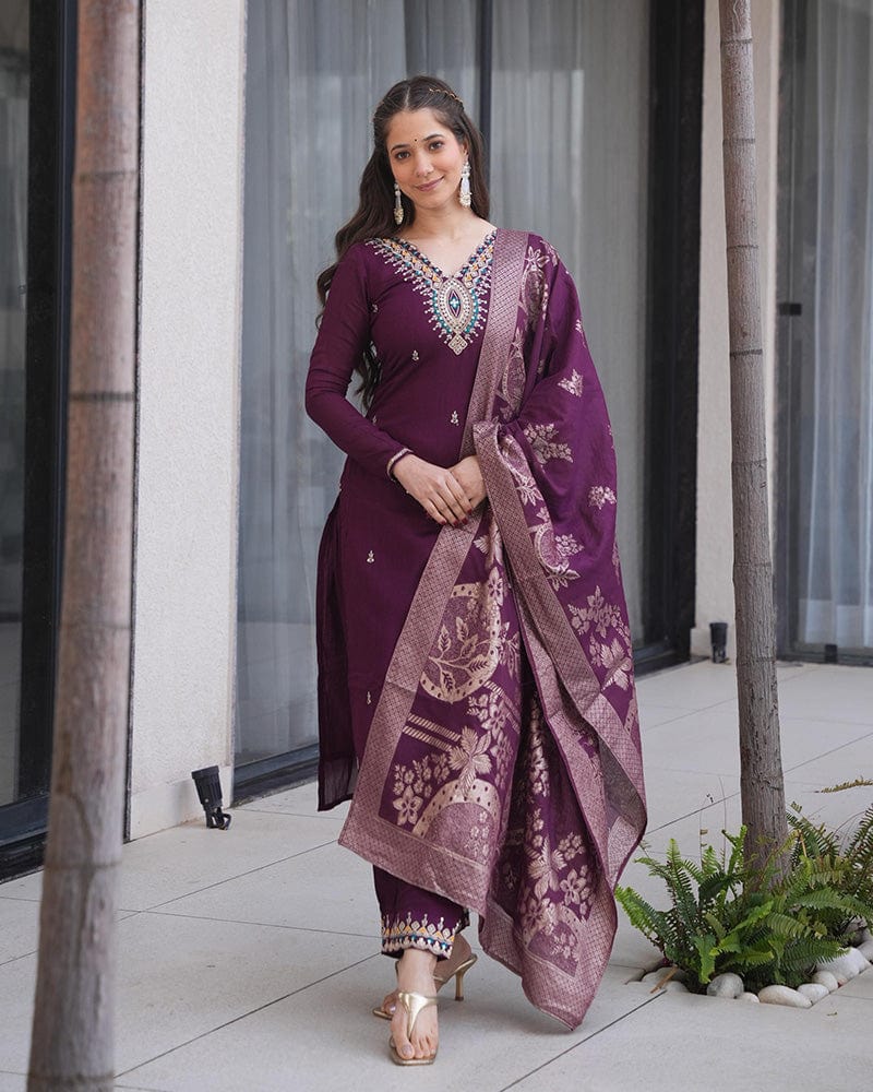 Wine Color Roman Silk Embroidered Three Piece Kurti Suit