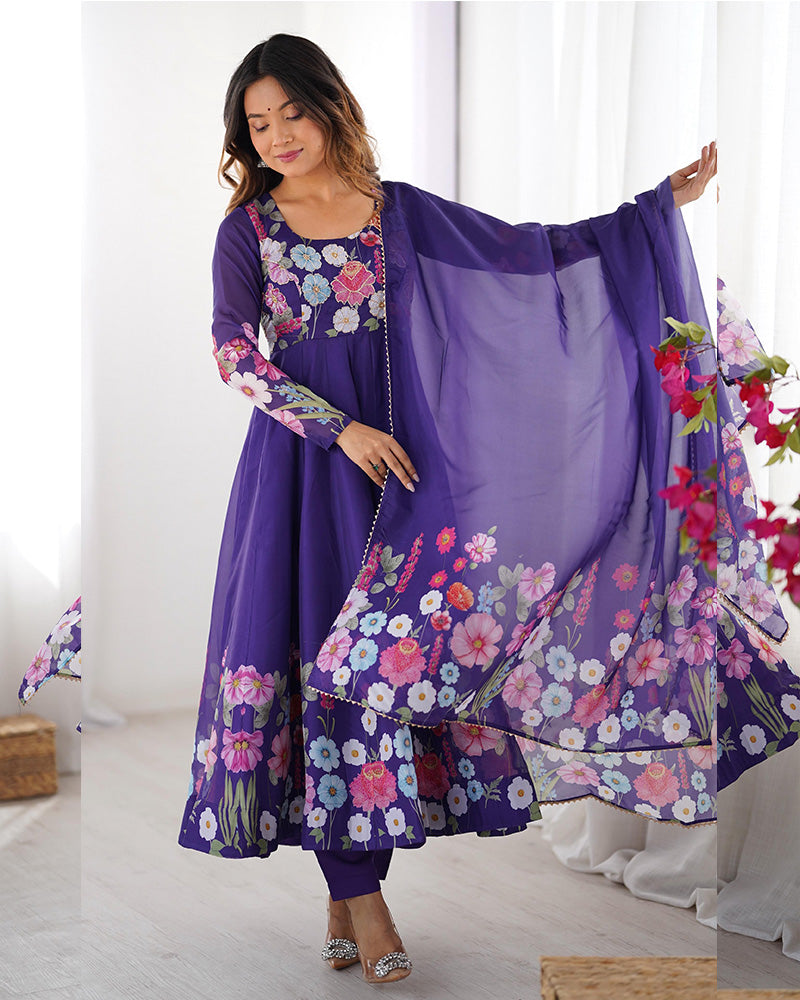 Purple Color Floral Print Organza Three Piece Anarkali Suit
