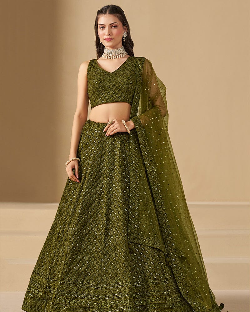 Mehndi Color Georgette Embroidered Lehenga Choli With Dupatta