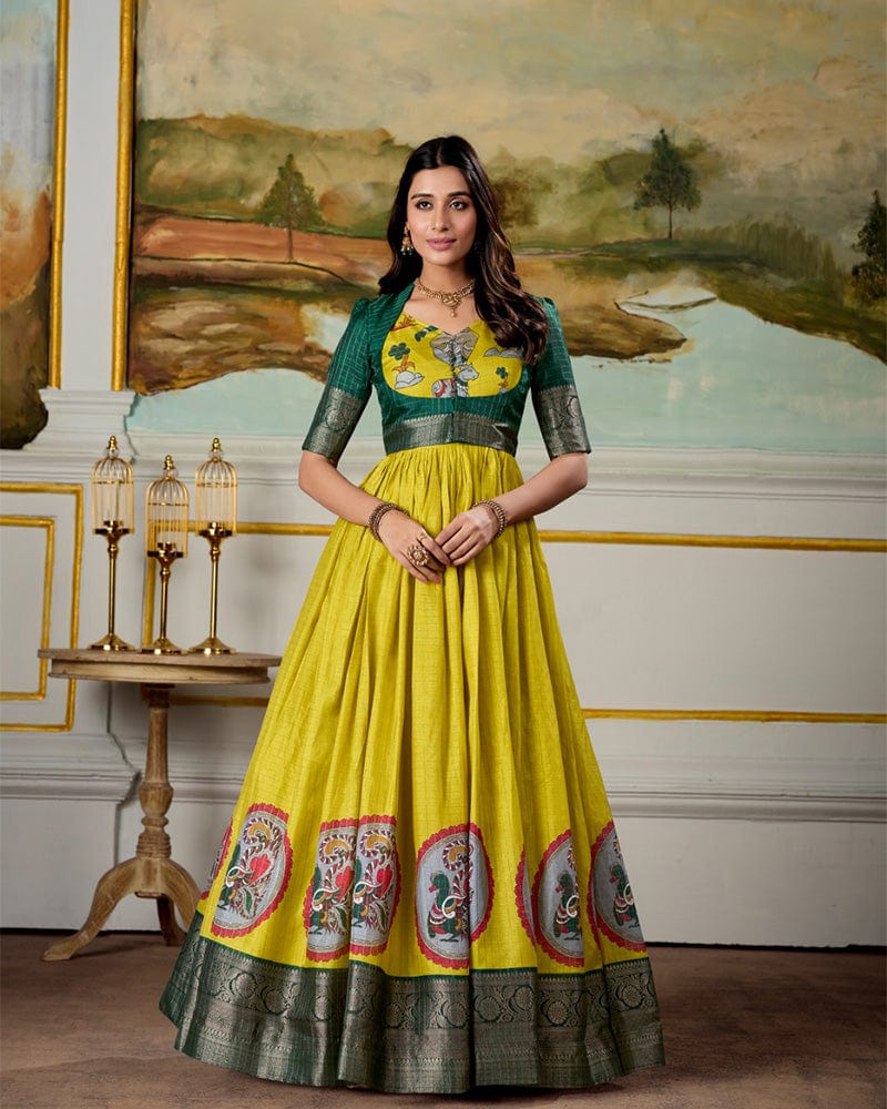 Lime Yellow Color Dola Silk Kalamkari Gown With koti