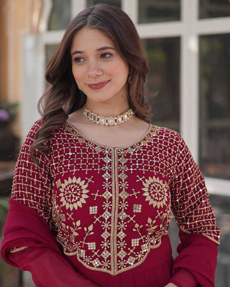 Rani Pink Color Faux Blooming Georgette Gown With Embroidered Dupatta