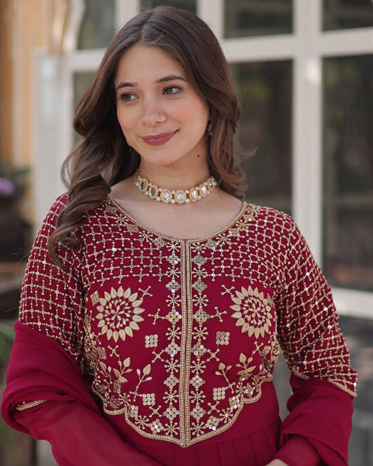 Rani Pink Color Faux Blooming Georgette Gown With Embroidered Dupatta