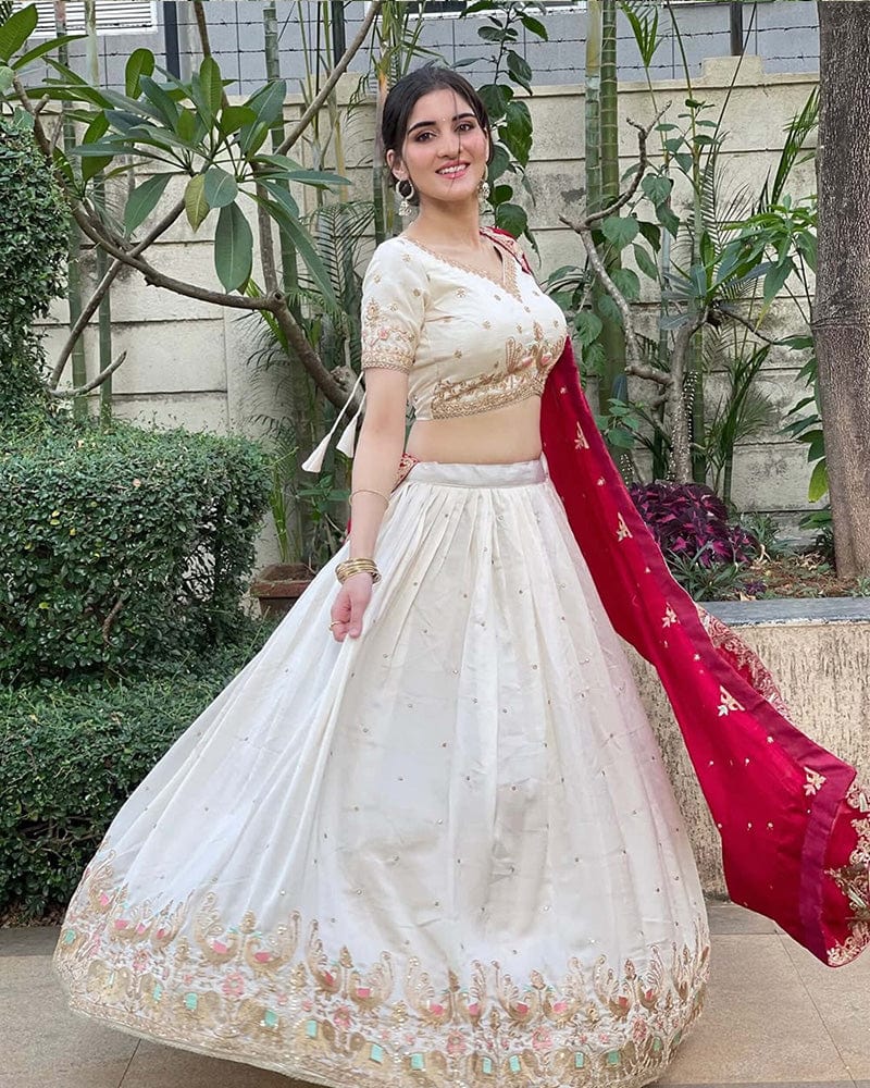 Navika kotia In Off-White Color Vichitra Silk Thread Embroidered Lehenga Choli