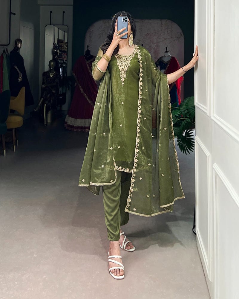 Olive Green Color Gold Coin Three Piece Kurti Suit
