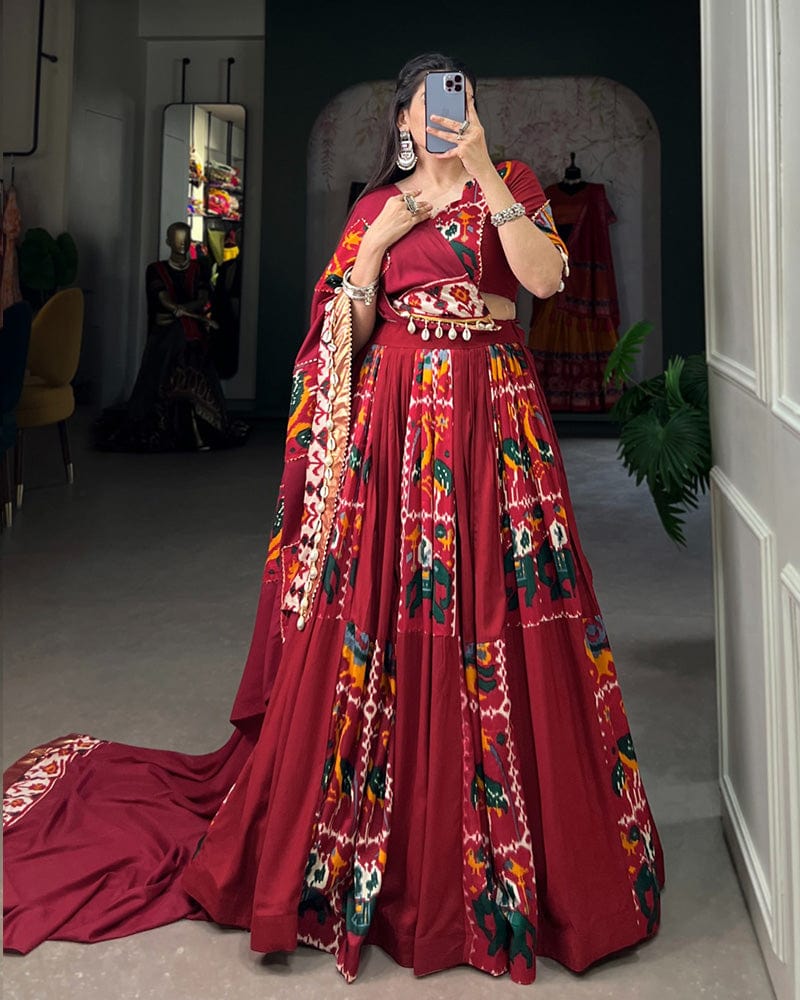 Off-White Color Rayon Silk Printed Fully Stitched Navratri Lehenga Choli