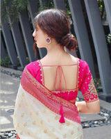 Pink And Cream Color Banarasi Jacquard Soft Silk Saree