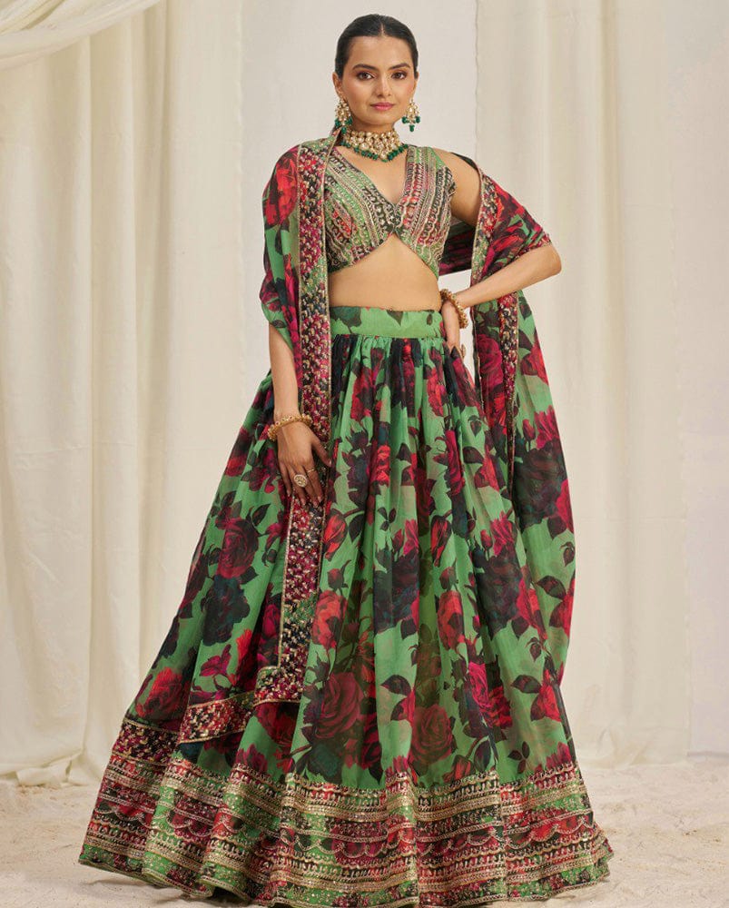 Red And Green Color Floral Printed Organza Lehenga Choli