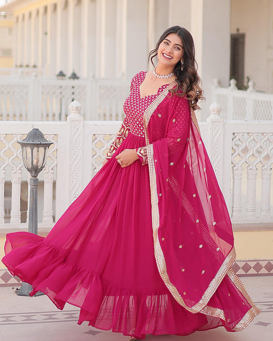 Rani Pink Color Faux Blooming Gown With Sequins Embroidered Dupatta