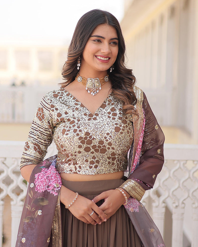 Chocolate Color Faux Georgette Frill Style Lehenga Choli