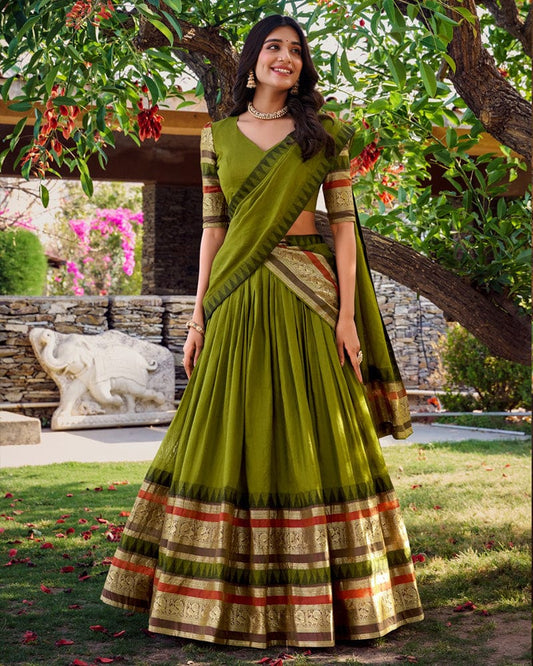 Mehndi Color Pure Chanderi Plain Lehenga Choli