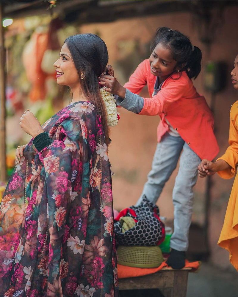 Rugee In Our Floral Print Organza Black Color Three Piece Anarkali Suit