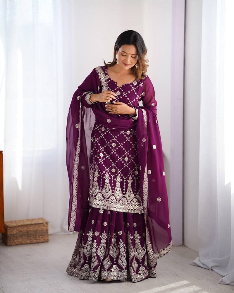 Wine Color Faux Georgette Sharara Suit