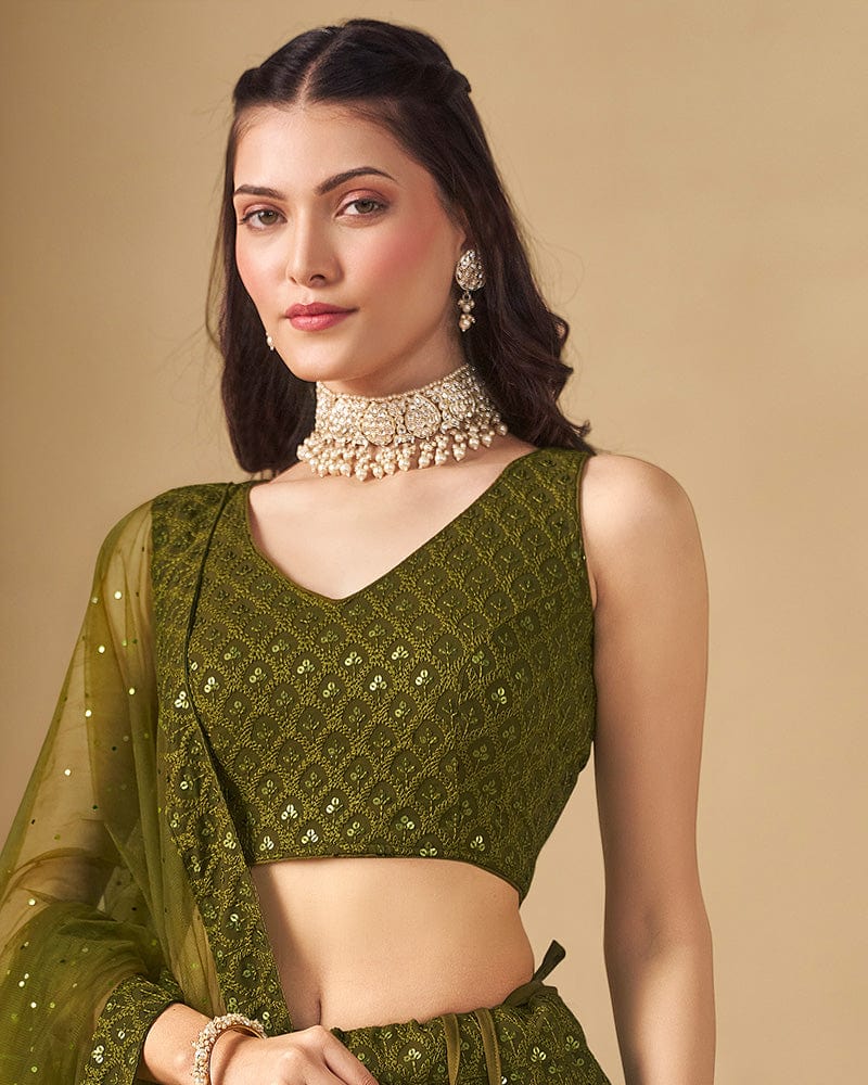 Mehndi Color Georgette Embroidered Lehenga Choli With Dupatta