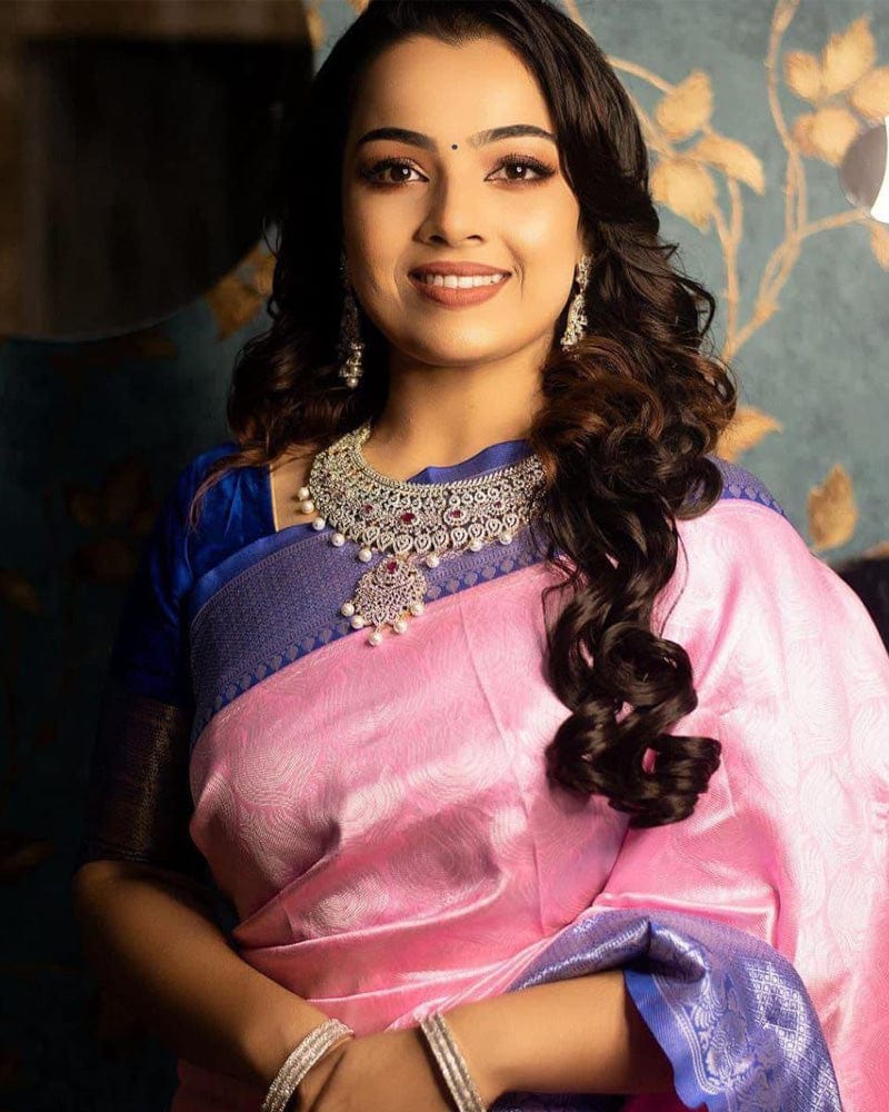 Pink And Blue Banarasi Silk Saree With Exclusive Jacquard Border