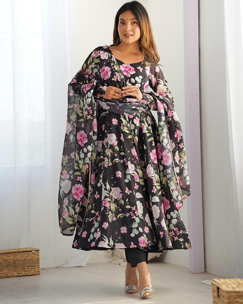 Black Color Pure Soft Organza Three Piece Anarkali Suit
