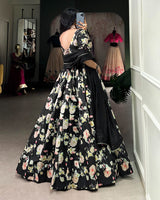 Black Color Tussar Silk Floral Printed Lehenga Choli
