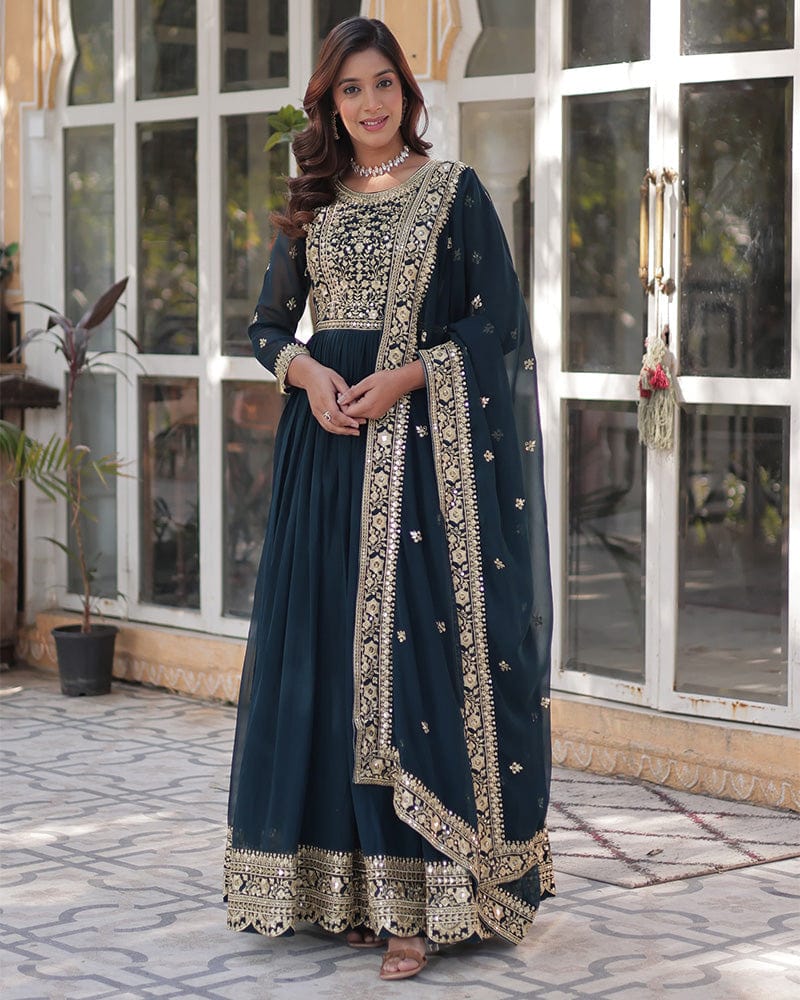 Rama Color Faux Blooming Embroidered Gown