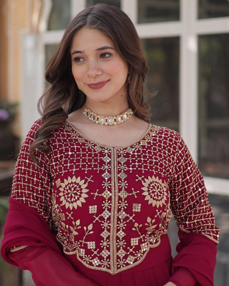 Rani Pink Color Faux Blooming Georgette Gown With Embroidered Dupatta