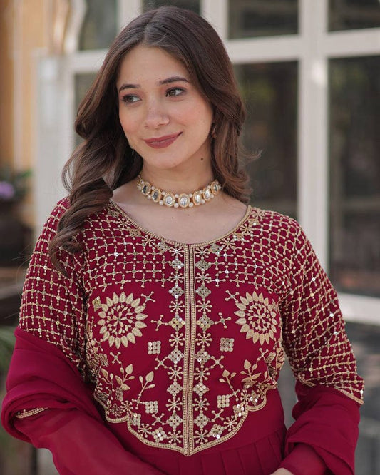 Rani Pink Color Faux Blooming Georgette Gown With Embroidered Dupatta