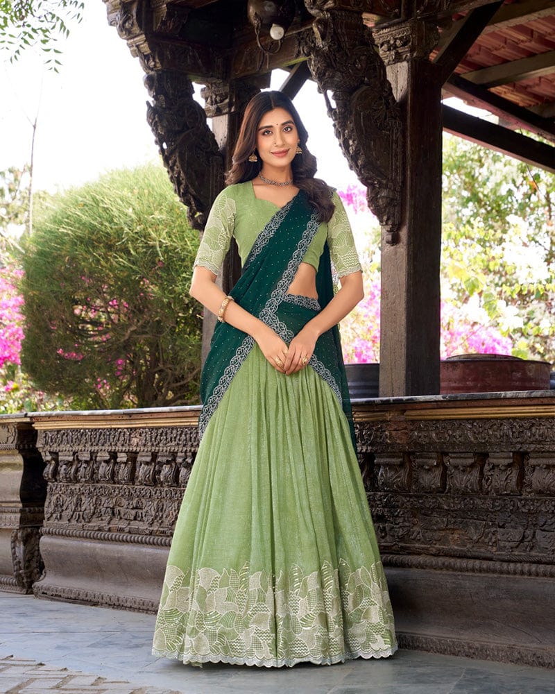 Pista Color Silver Glossy Embroidered Lehenga Choli