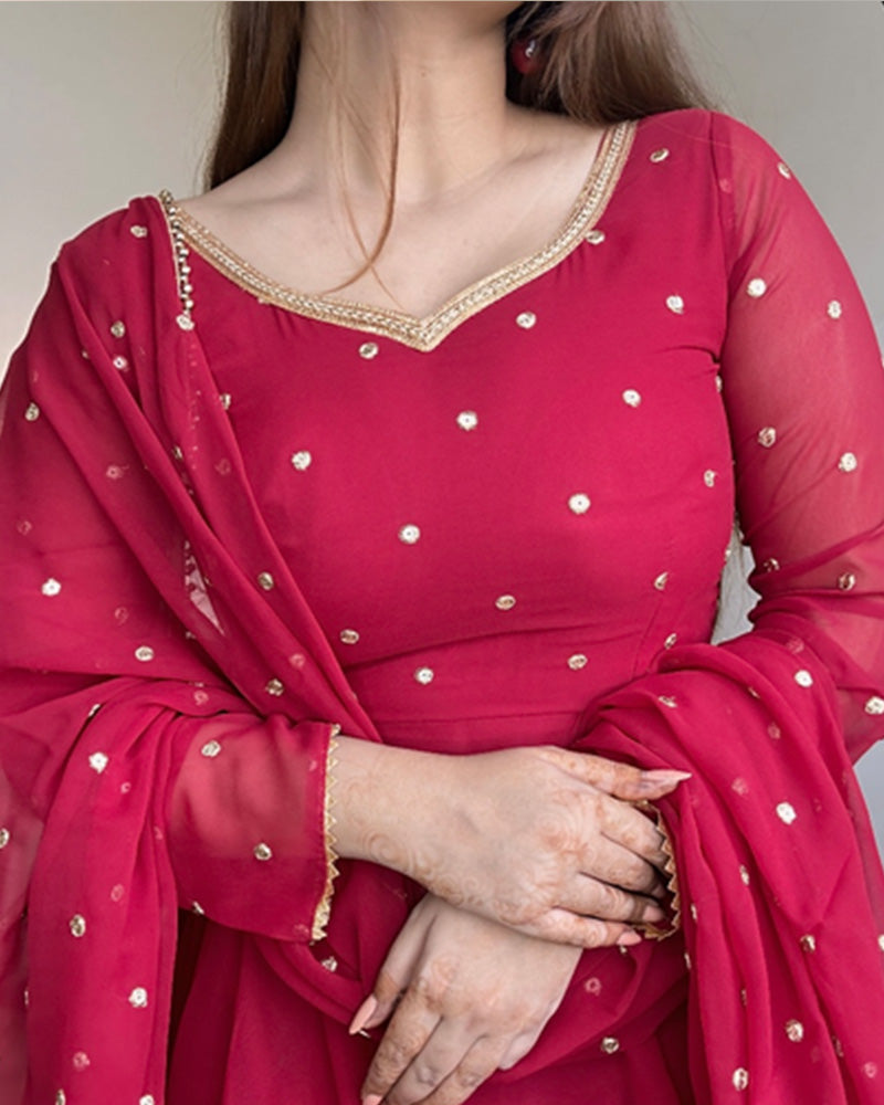 Kanak Mishra In Maroon Color Georgette Anarkali Three Piece Suit