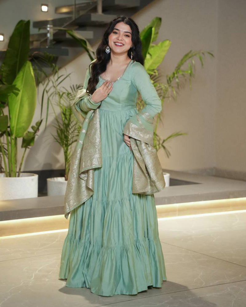 Pista Color Pure Chanderi Silk Frill Style Anarkali Suit