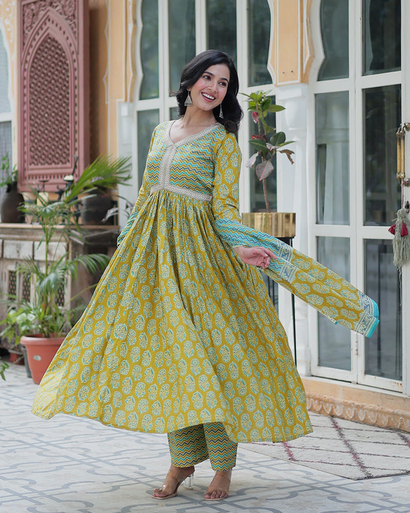 Lime Green Color Printed Pure Cotton Three Piece Kurti Suit