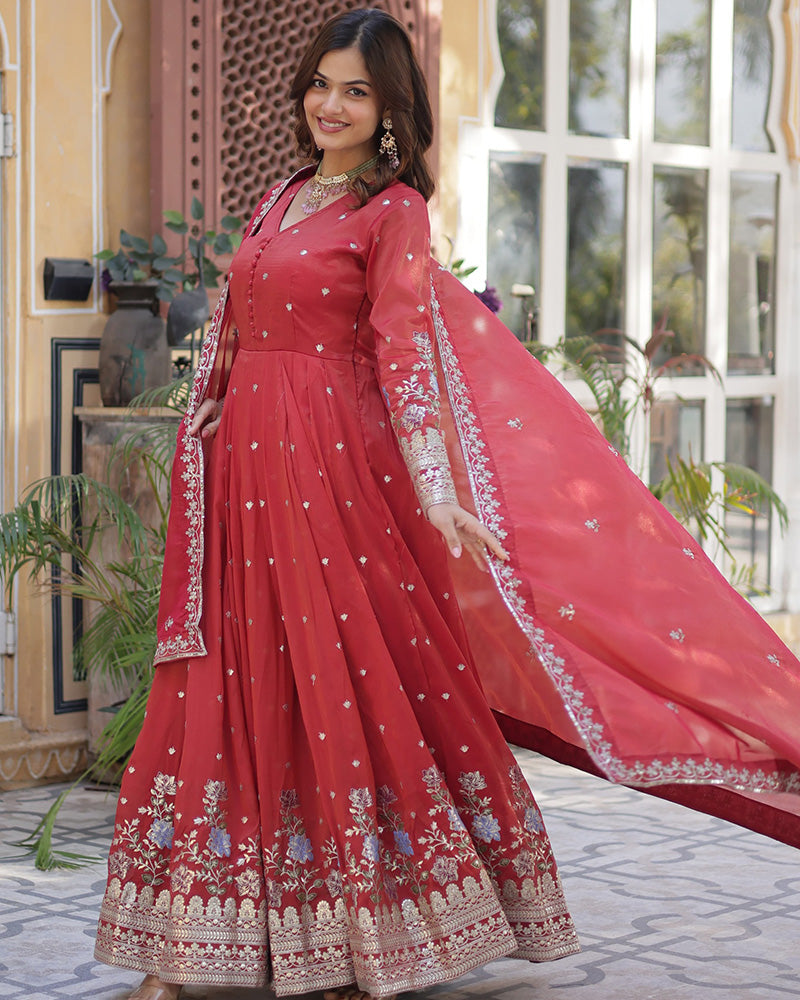 Tomato Color Embroidered Viscose Cosmos Gown With Dupatta