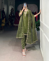 Olive Green Color Gold Coin Three Piece Kurti Suit