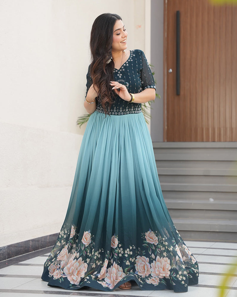 Rama Color Faux Blooming Embroidered work Gown