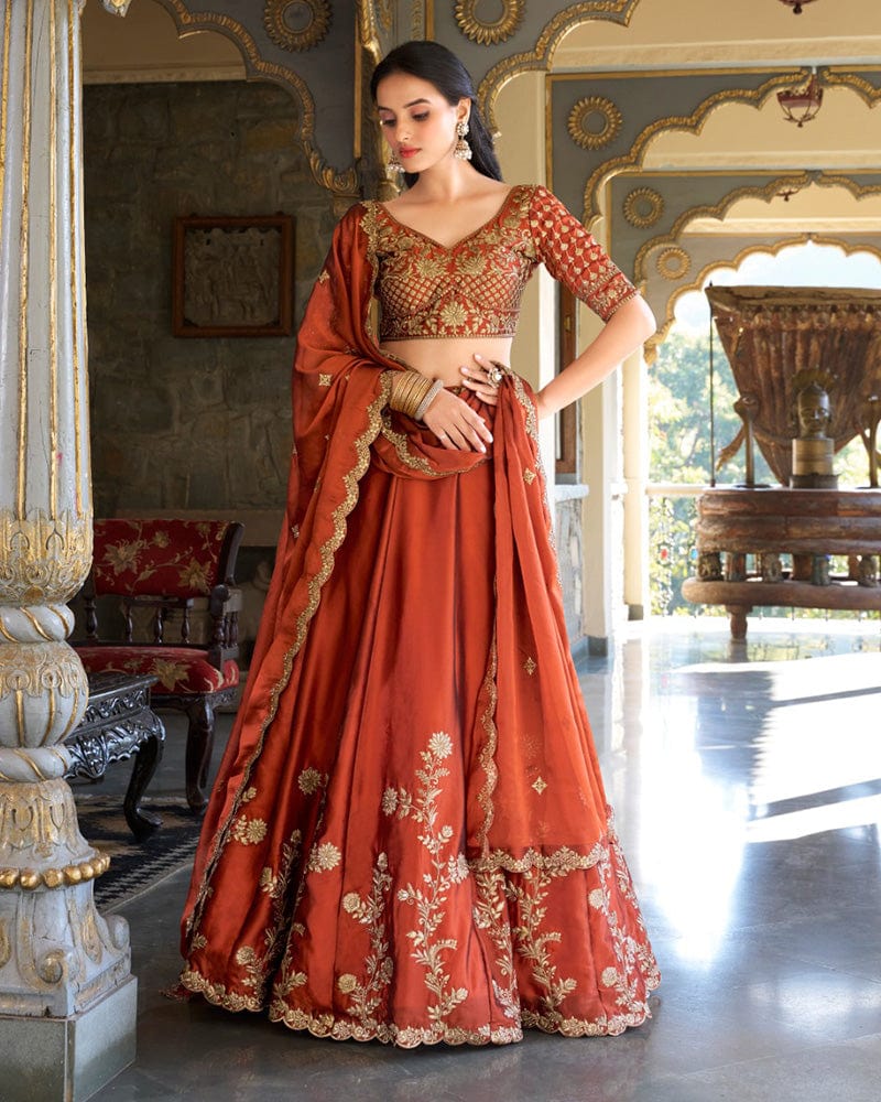 Rust Orange Color Rangoli Silk Embroidered Lehenga Choli