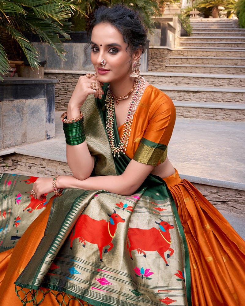 Orange Color Jacquard Silk Zari Weaving Work Lehenga Choli